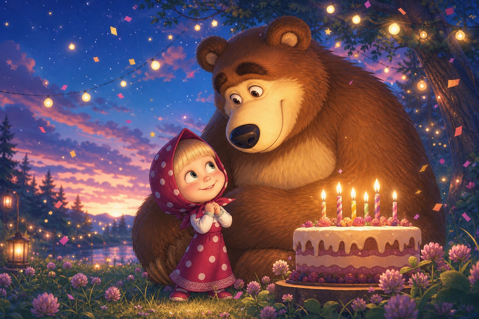 Anime-style Bear and Masha celebrating beside a glowing birthday cake under fairy lights