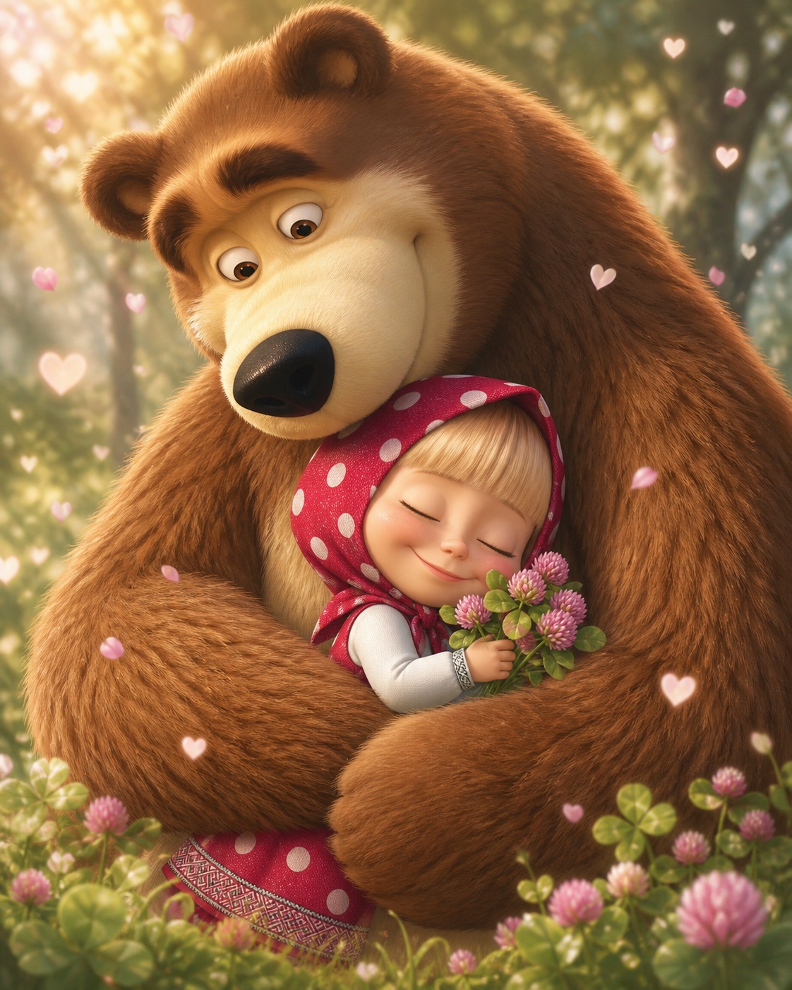 Anime-style Bear gently embracing Masha among blooming wild clover